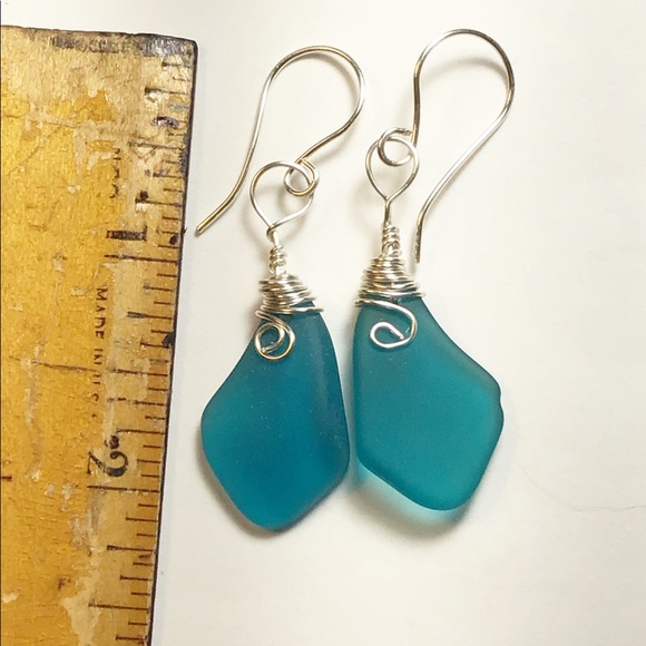 Blue Sea Glass / Beach Glass earrings, 2.25”, New - Picture 3 of 4